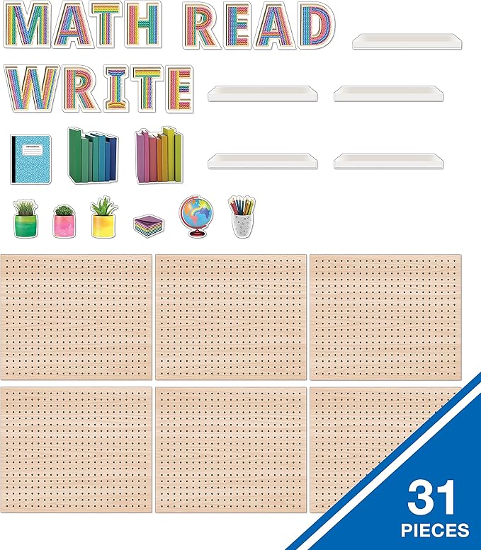 Carson Dellosa Creatively Inspired 31-Piece Subject Bulletin Board Set, Read, Write, and Math Bulletin Board Subject Signs for Bulletin Boards, Plant Décor, Books, and World Globe Cutouts