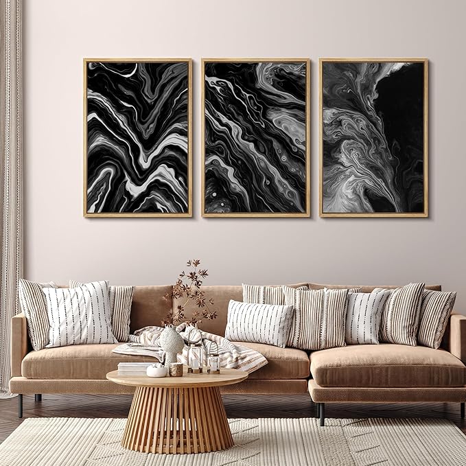 SIGNFORD Framed Wall Art Print Set Monochrome Swirl Abstract Contemporary Black and White Digital Art Modern Art Contemporary for Living Room, Bedroom, Office - 16"x24"x3 NATURAL