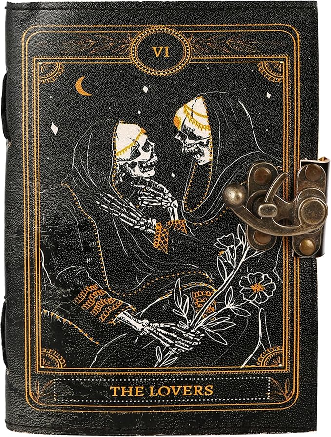 TUZECH Book of Spells Leather Bound Journal Deckle Edge Paper Grimoire Printed Diary Third Eye witchcraft supply and Witch Spell Notebook Antique Vintage Book for Men and Women (The Lovers)