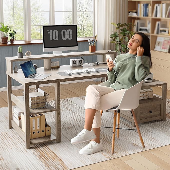 EnHomee 60.4" Farmhouse Computer Desk with Drawer & Power Outlet, Gaming Desk with LED Light, Office Desk with Monitor Stand, Study Desk, Work Desk for Home Office, Study Room, Bedroom, Ash Gray