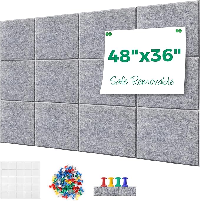 Large Cork Board Alternative - 11.8"x11.8"x0.35" 12 Pack Felt Wall Tiles Self-Adhesive Safe Removable Large Corkboard Bulletin Board Felt Cork Board for Walls or Office 48 x 36-Light Gray