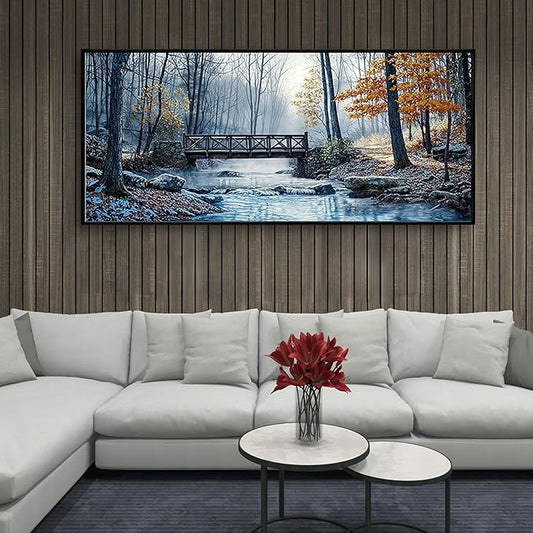 yiijeah Extra Large Living Room Wall Art - Modern Wall Decor for Bedroom Office Decor Mountain Forest Landscapes Village Bridge Painting Framed Canvas Prints 70x31 Inches