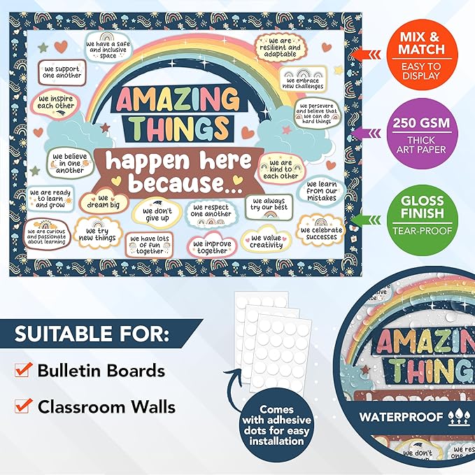 Decorably 112 Pcs Cutouts Boho Rainbow Theme Amazing Things Happen Here Bulletin Board Decorations Set with Borders, Boho Bulletin Board Decorations - Classrooms, School Hallways