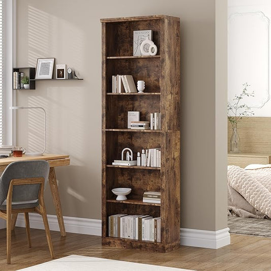 Tall Bookshelf, 6-Tier Bookcase with 2 Adjustable Shelves, Modern Farmhouse Storage for Living Room, Entryway, Office, 23.6" W x 74.8" H x 10.6" D, Brown