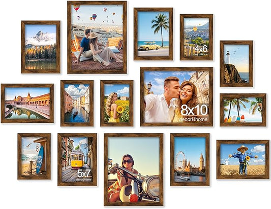 decorUhome Assorted Picture Frames Collage Wall Decor for Photo Gallery Display Set of 15 Including Three 8x10 / Six 5x7 / Six 4x6 for Family Wall Decor, Distressed Brown, 15 Pack
