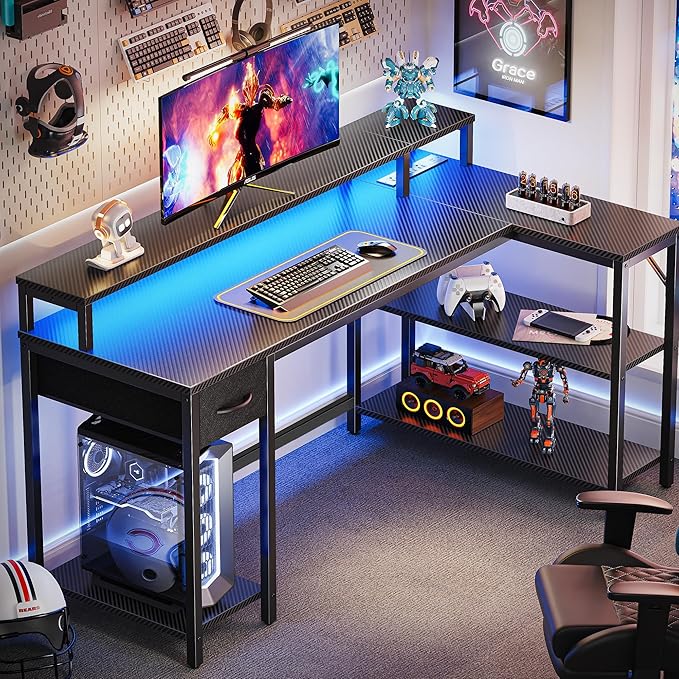SUPERJARE 53 inch Reversible L Shaped Desk with LED Lights & Power Outlets, Computer Desk with Shelves & Monitor Stand, Gaming Desk with Drawer, Home Office Desk, Carbon Fiber Black