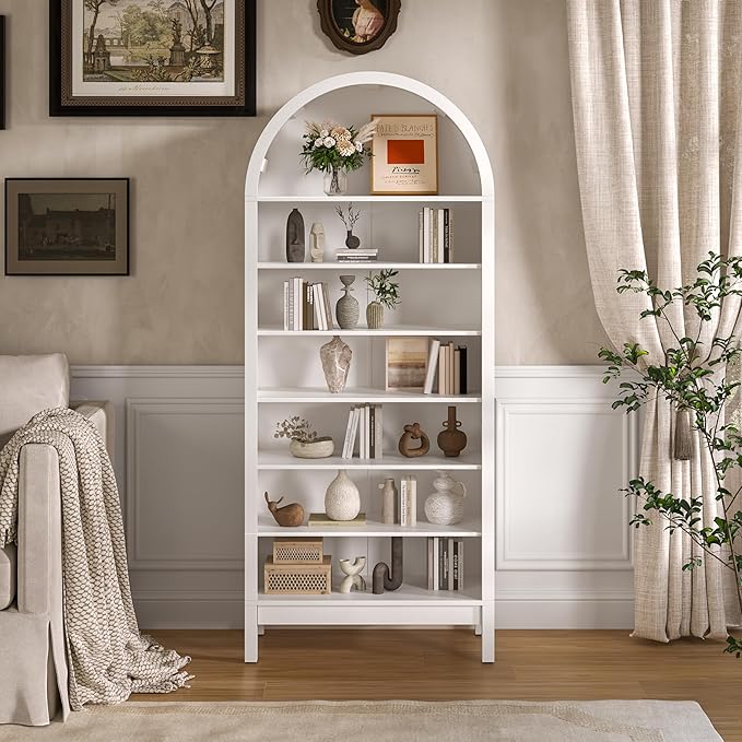 Tall Arched Bookshelf, 7-Tier Bookcase with 3 Adjustable Shelves, Modern Farmhouse Storage Shelf for Living Room, Entryway, Office, 29.5" W x 70.1" H x 13.8" D, White