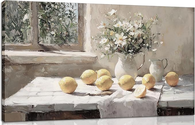 XXOUYLQ Vintage Kitchen Wall Art Yellow Lemon Still Life Pictures Daisy oil Painting Poster Rustic Farmhouse Artwork Posters White vase Canvas Bedroom Bathroom Wall Decor Kitchen Prints frame 12x24in