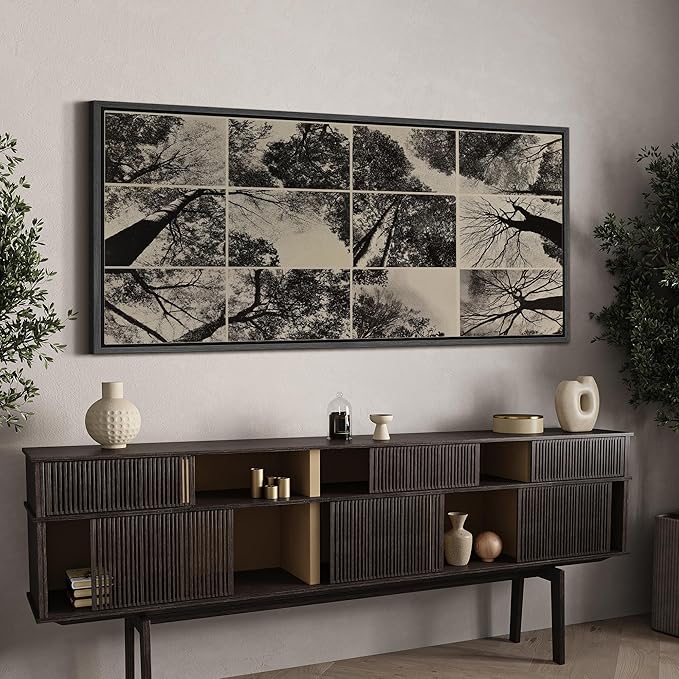 SIGNFORD Extra Large Framed Canvas Print Wall Art Black and White Forest Canopy Grid Collage Illustrations Modern Art Calm Warm for Living Room, Bedroom, Office - 60"x30"