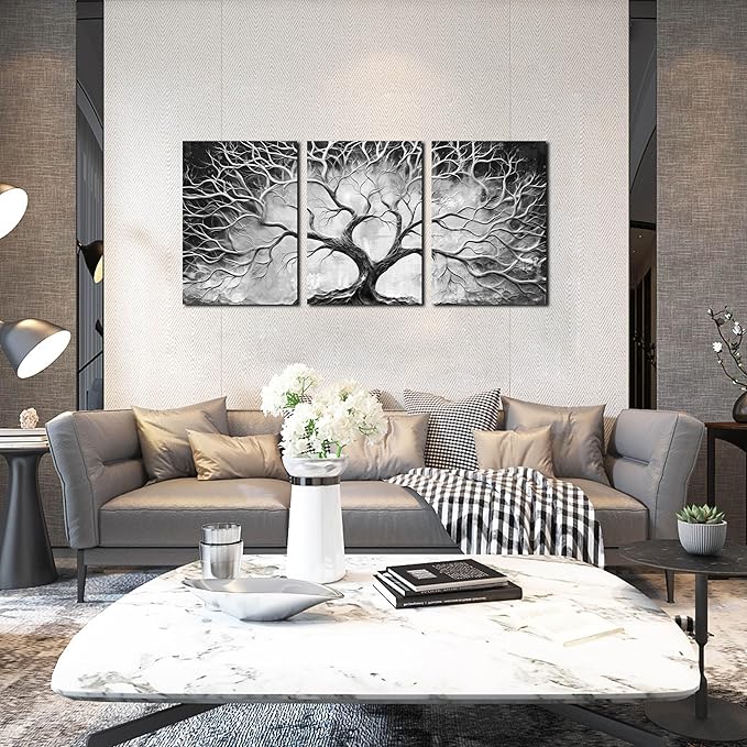 Tree Pictures Wall Art for Living Room - Black and White Canvas Wall Art for Bedroom - Home Office Decor Wall Size 16" x 24" x 3 Pieces