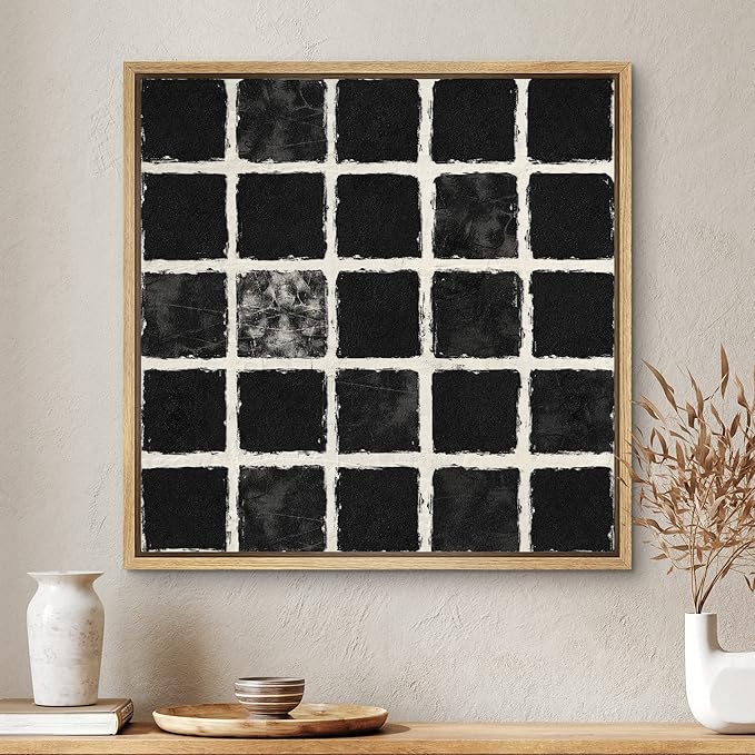 SIGNWIN Framed Canvas Print Wall Art Geometric Black Square Grid Landscape Abstract Shapes Illustration Modern Art Decorative Boho Relax/Zen Nordic for Living Room, Bedroom, Office - 16"x16" Natural