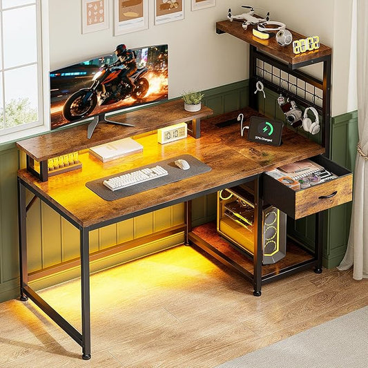 EnHomee 40" Computer Desk with Power Outlets & LED Lights, Gaming Desk with Drawer & Storage Shelves, Reversible Home Office Desk with Monitor Stand, for Living, Study Room, Gaming Room, Rustic Brown