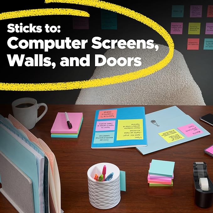 Post-it Super Sticky Notes, 15 Sticky Note Pads, 3 x 3 in, School Supplies, Office Products, Notes for Vertical Surfaces, Monitors, Walls and Windows, Assorted Colors