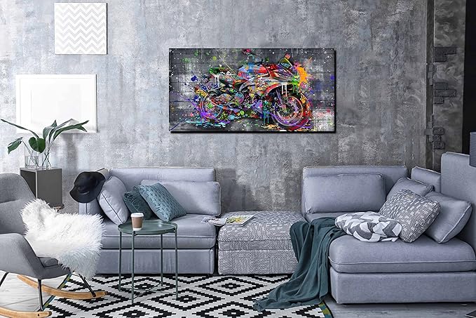 SIXTTART Graffiti Motorcycles Wall-Art - Wall Decor For Bedroom Men - Room Decor For Teens Ready To Hang Size 40" x 20"