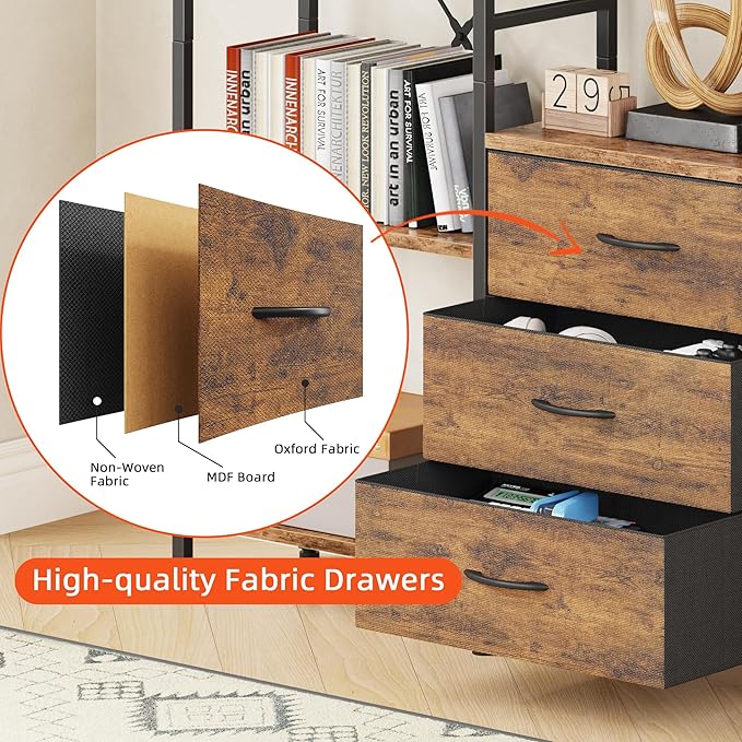 Triple Bookshelf with 3 Fabric Drawers, 6-Tier Book Shelf and 10 Display Shelves, Industrial Large Bookcase for Home & Office, Rustic Brown, 47'' Wide