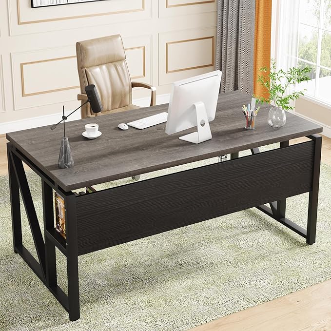 Tribesigns 55 inches Computer Desk with Bottom Storage Shelf Home Office Desk Writing Table for Workstation,Dark Walnut + Steel Leg， Cabinet not Included (Grey, 55-inch -with Shelf)