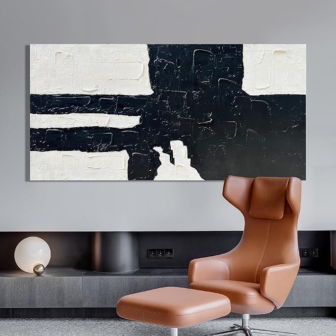 NANKAI Hand-Painted Black and white minimalist style abstract art painting for large-scale wall decoration, 30x60 inches