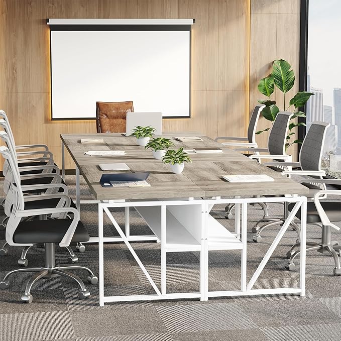 LITTLE TREE 63-Inch Executive Office Desk, Large Computer Desk with Storage Shelf, Executive Desk with Metal Frame, Thickened Desktop, Study Writing Desk Work Station for Home Office, Grey + White