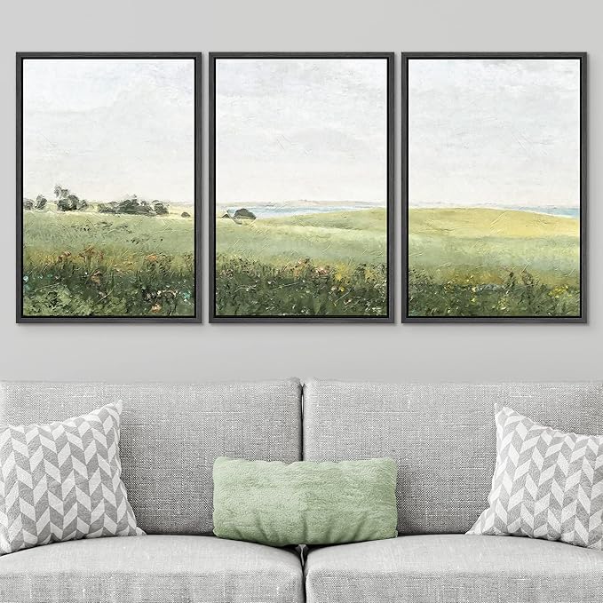 SIGNWIN Framed Canvas Print Wall Art Set Green Pasture Countryside Flower Field Nature Abstract Illustrations Modern Art Decorative Nordic Rustic for Living Room, Bedroom, Office - 16"x24"x3 Black