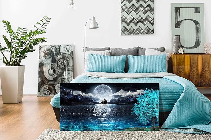 aburaeart Moon Sea Ocean Large Canvas Wall-Art For Living Room - Blue Tree Wall Decor - Large Artwork On Canvas Print Ready To Hang 29" x 59"