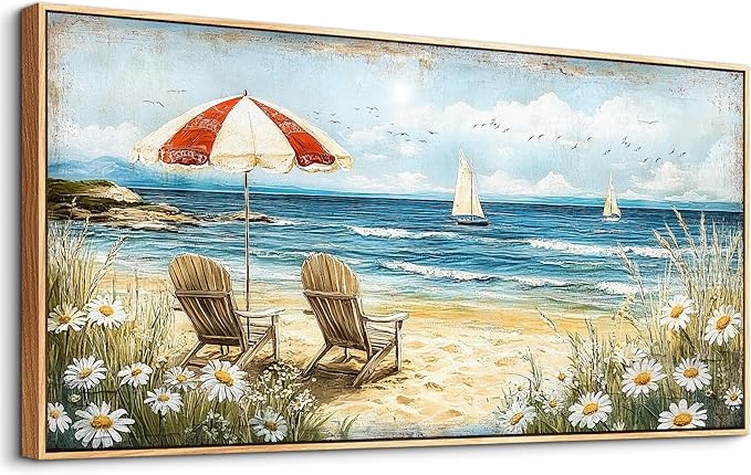 ERQINHUA Large Wall Decor Canvas Painting Wall Art For Living Room Bedroom Home Decoration Blue Seaside Landscape Painting Print For office Dining Room Bathroom Wall Aesthetics Wood Frame 30x60 In
