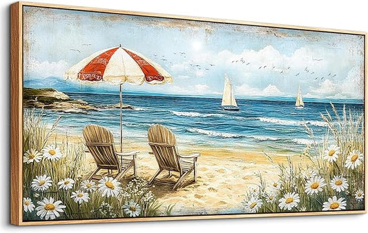ERQINHUA Large Wall Decor Canvas Painting Wall Art For Living Room Bedroom Home Decoration Blue Seaside Landscape Painting Print For office Dining Room Bathroom Wall Aesthetics Wood Frame 30x60 In