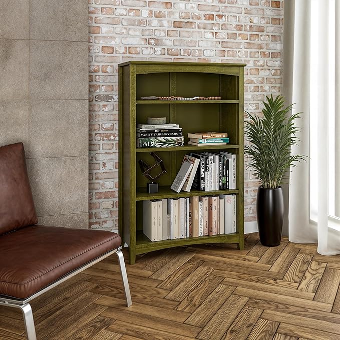 Camaflexi Shaker Style 4 Shelf Bookcase/Solid Wood / 48" High/Adjustable Shelving/Closed Back/Display Bookshelf for Living Room, Bedroom, Home and Office, Olive Grove Green