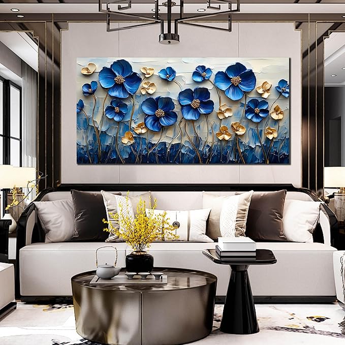 SIXTTART Blue Flower Living Room Pictures Wall Decor - Gold Flower Canvas Wall Art for Bedroom - Modern Large Wall Art for Office Size 29" x 59"