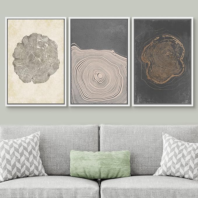 SIGNWIN Framed Canvas Print Wall Art Set Pastel Gray Wood Tree Ring Spirals Nature Abstract Drawings Modern Art Decorative Contemporary Minimal for Living Room, Bedroom, Office - 24"x36"x3 White