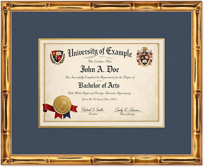 CountryArtHouse Diploma Frame Fits 11.69 x 8.27 A4 Certificate - Keepsake Graduation Display Gold Bamboo Genuine Hardwood with Navy Blue Over Metallic Gold Double mat