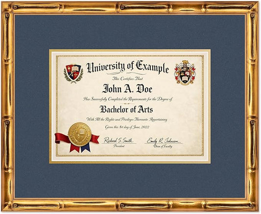 CountryArtHouse Diploma Frame Fits 11.69 x 8.27 A4 Certificate - Keepsake Graduation Display Gold Bamboo Genuine Hardwood with Navy Blue Over Metallic Gold Double mat
