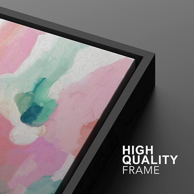 MUDECOR Framed Canvas Print Wall Art Pastel Pink, Green & Yellow Paint Strokes Abstract Shapes Watercolor Modern Art Contemporary Multicolor Ultra for Living Room, Bedroom, Office - 16"x24" Black
