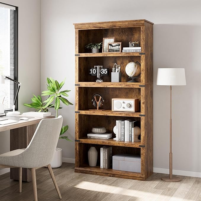 5 Tier Farmhouse Bookcase, 67.4 in Tall Book Shelf with Storage, Wooden Bookshelves 5 Shelf Display Shelvesfor Home Office, Living Room, Bed Room (Vintage, 67.4 in H x 31.5 in W x 12.8 in D)