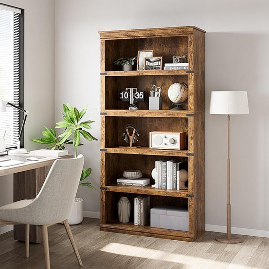 5 Tier Farmhouse Bookcase, 67.4 in Tall Book Shelf with Storage, Wooden Bookshelves 5 Shelf Display Shelvesfor Home Office, Living Room, Bed Room (Vintage, 67.4 in H x 31.5 in W x 12.8 in D)
