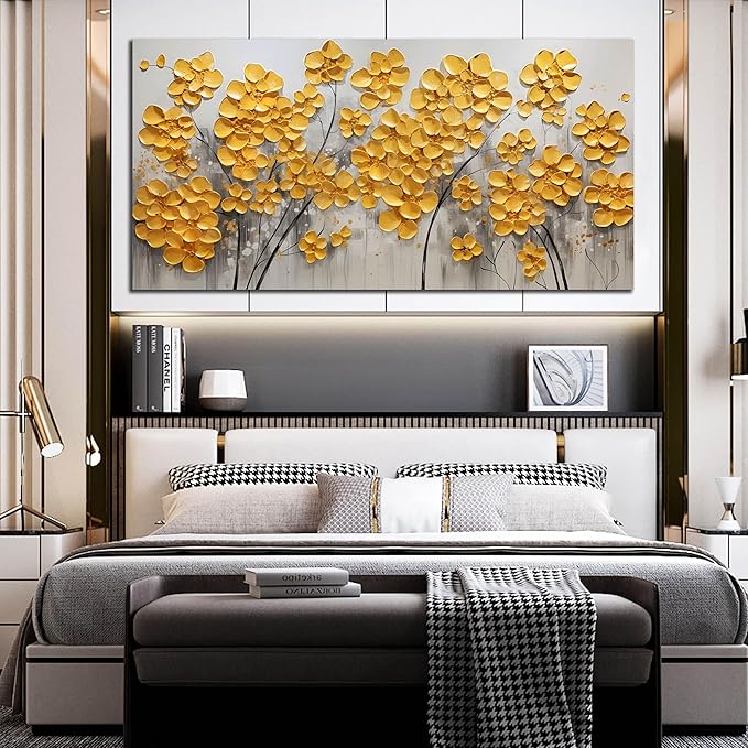 SKYRISE Abstract Gold Yellow Floral/Flower Wall Art Decor for Living Room, Modern Canvas Art Decorative-Picture Print Artwork for Bedroom Office, Large Size 59x29 Inches