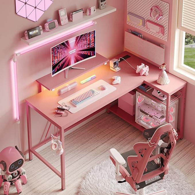 Bestier 52" Gaming Desk with Integrated Power Outlet & USB Ports, L-Shaped Computer Desk with LED Strip & Headphone Hooks, Perfect for Home Office Pink