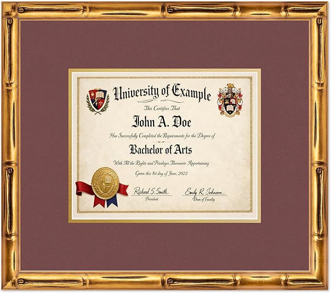 CountryArtHouse Diploma Frame Fits 10 x 8 Professional License - Keepsake Graduation Display Gold Bamboo Genuine Hardwood with Dark Red Over Metallic Gold Double mat