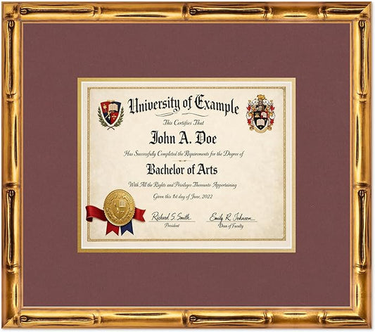 CountryArtHouse Diploma Frame Fits 10 x 8 Professional License - Keepsake Graduation Display Gold Bamboo Genuine Hardwood with Dark Red Over Metallic Gold Double mat
