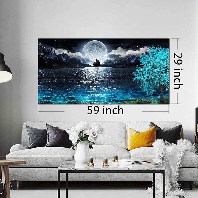 aburaeart Moon Sea Ocean Large Canvas Wall-Art For Living Room - Blue Tree Wall Decor - Large Artwork On Canvas Print Ready To Hang 29" x 59"