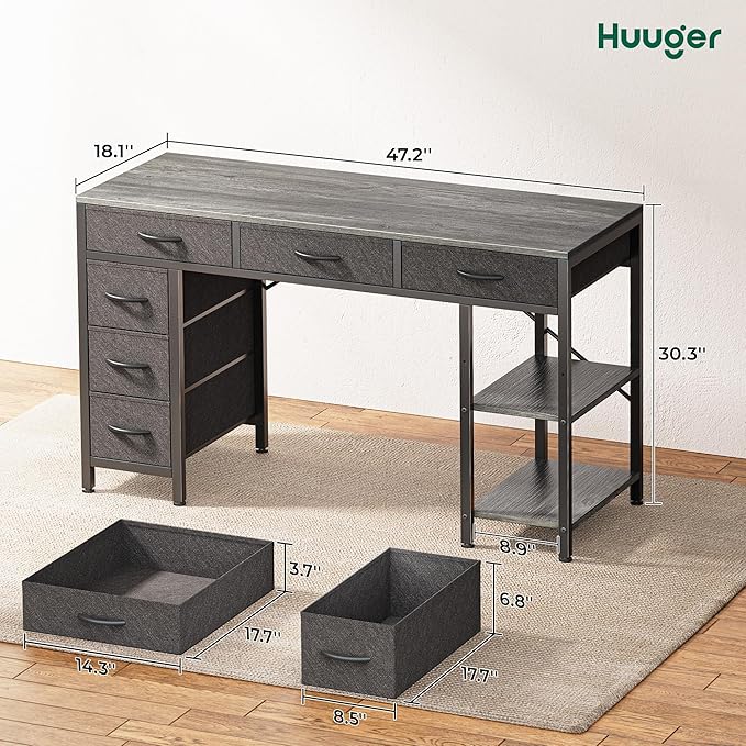 Huuger Computer Desk with 6 Drawers, Office Desk with Shelves, Reversible Gaming Desk, Corner Desk with Storage, Work for Home Office, Study, Living Room, 47inch, Gray