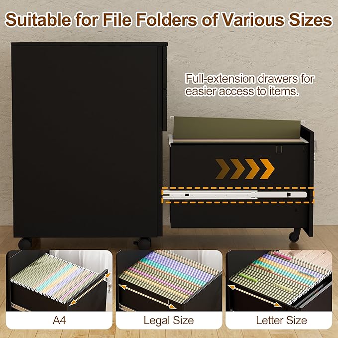 3 Drawers File Cabinet with 3 Lock, Mobile Metal Filing Cabinet, Fully Assembled Except Casters, for Home Office, for A4, Letter, Legal File Folders, Black