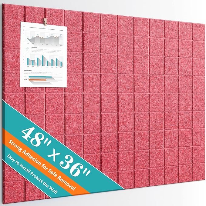 Large Cork Board, 12 Pack Felt Wall Tiles with Safe Removable Adhesive, Bulletin Board for Office, Pin Tack Corkboard for Quilting Design & Dart Wall Protector 48" x 36" - Light Crimson