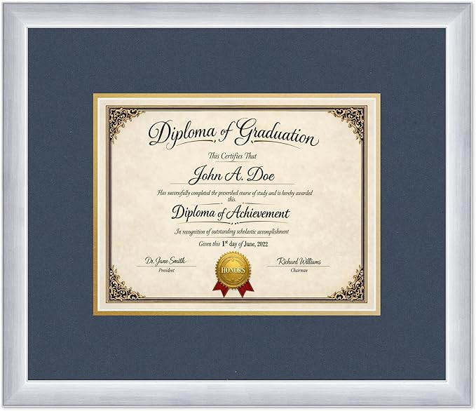 Diploma Frame Stainless Silver with Navy Blue Over Gold Double Mat - Fits 11 x 8.5 US Letter Certificate Wall Display Made in the USA