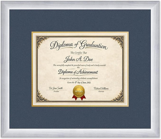 Diploma Frame Stainless Silver with Navy Blue Over Gold Double Mat - Fits 11 x 8.5 US Letter Certificate Wall Display Made in the USA