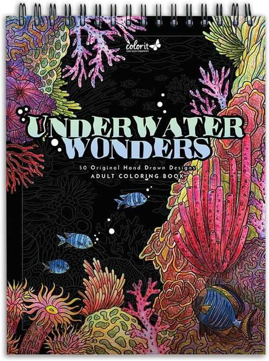 ColorIt Underwater Wonders Adult Coloring Book, 50 Under the Sea Coloring Pages, USA Printed with Spiral Binding, Hardback Covers, and Ink Blotter | for Arts and Crafts, Ocean Coloring Book for Adults