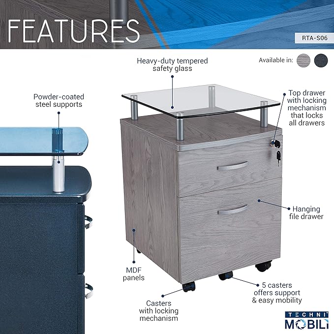 2-Drawer Rolling File Cabinet with Lock and Glass Top, Under Desk File Cabinet with Wheels, Printer Stand, Grey