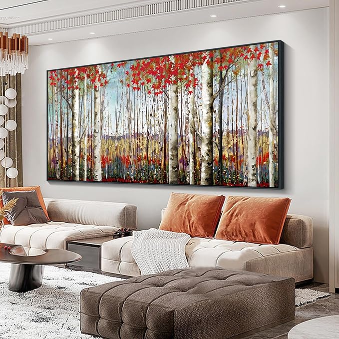 Large Canvas Wall Art - Framed Aspen Tree Oil Painting Style, Birch Tree Pictures for Living Room Wall Decor & Bedroom, 29x58 Modern Nature Artwork for Walls