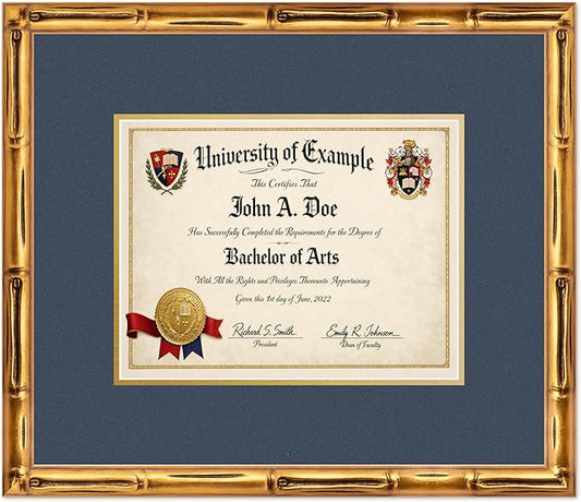 CountryArtHouse Diploma Frame Fits 11 x 8.5 US Letter Certificate - Keepsake Graduation Display Gold Bamboo Genuine Hardwood with Navy Blue Over Metallic Gold Double mat
