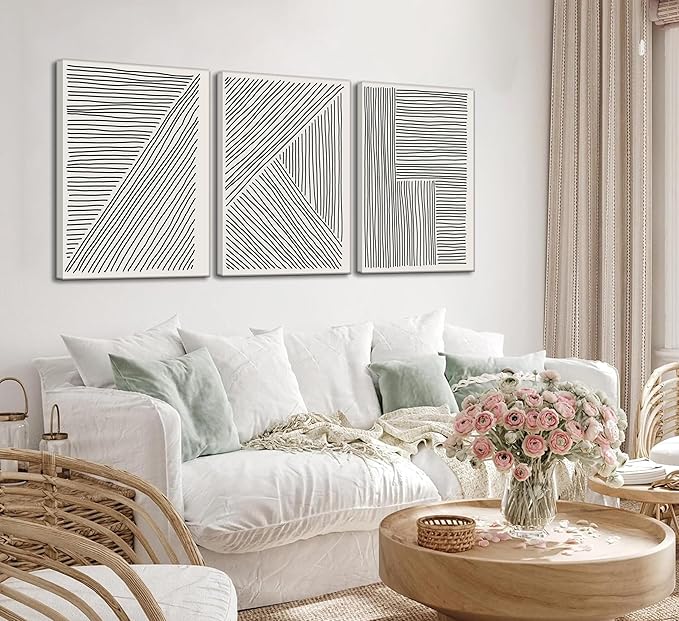 3 Pieces Minimalism Abstract Boho Lines Canvas Wall Art Modern Black and White Neutral Bohemia Geometric Pictures Wall Decor Posters Print Artwork for Living Room Bedroom Office Home Decoration