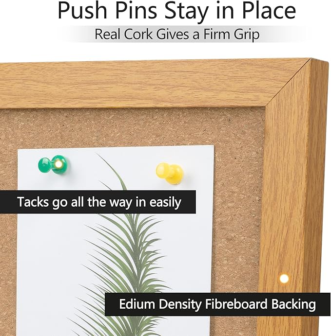 Board2by Cork Board Bulletin Board 24 x 36, Wood Framed Corkboards for Wall Decor, Hanging Office Message Board, Large Wall Mounted Notice Pin Board with 15 Push Pins for School, Home & Office